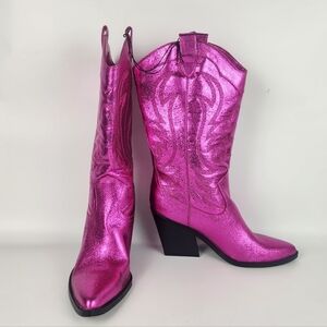 Nine West Women's Western Pink Metallic Keeks Boots Size 8.5 Fuchsia